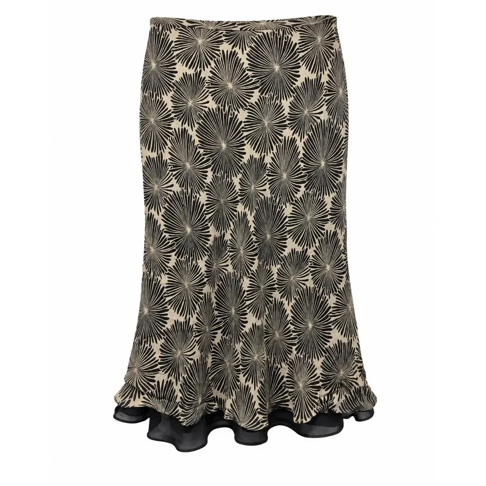Rafaella 100% Silk Skirt Size 10 Black Beige Floral Midi Ruffle Hem